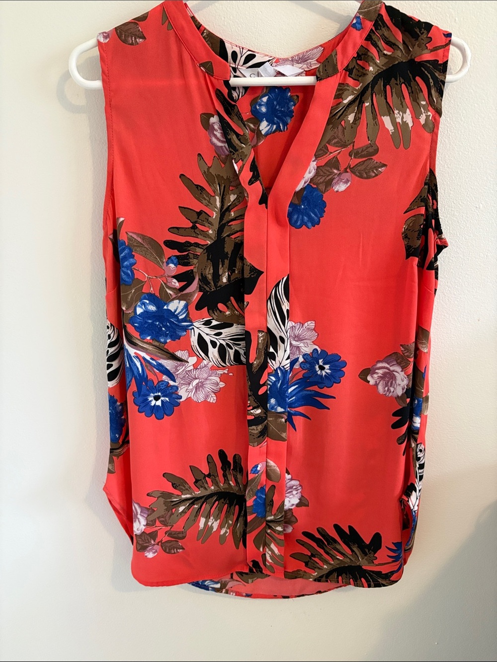 cleo Coral Tropical Floral Sleeveless Camisole with Blue Flowers